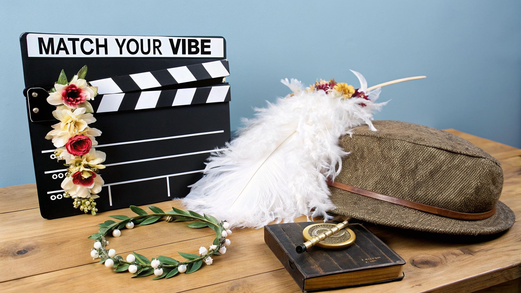 A collection of vintage-style props, including a clapperboard, hat, feathers, and a book, on a wooden table.