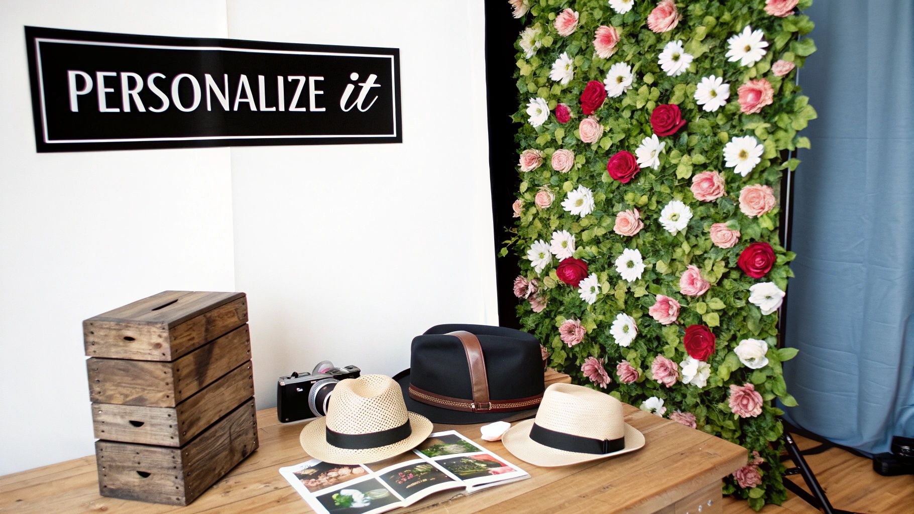 A whimsical photo booth with hats, a camera, wooden crates, and a flower wall backdrop.