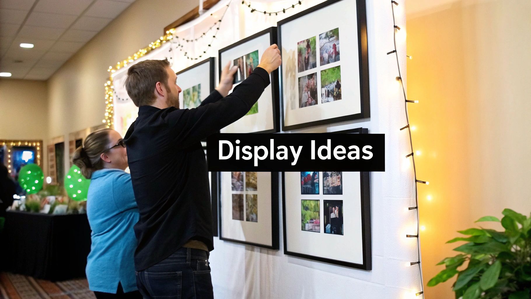 A man hangs framed photo collages on a white wall decorated with string lights at an event.