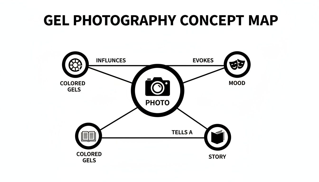 Gel photography concept map showing how colored gels influence photos, evoke mood, and tell stories.