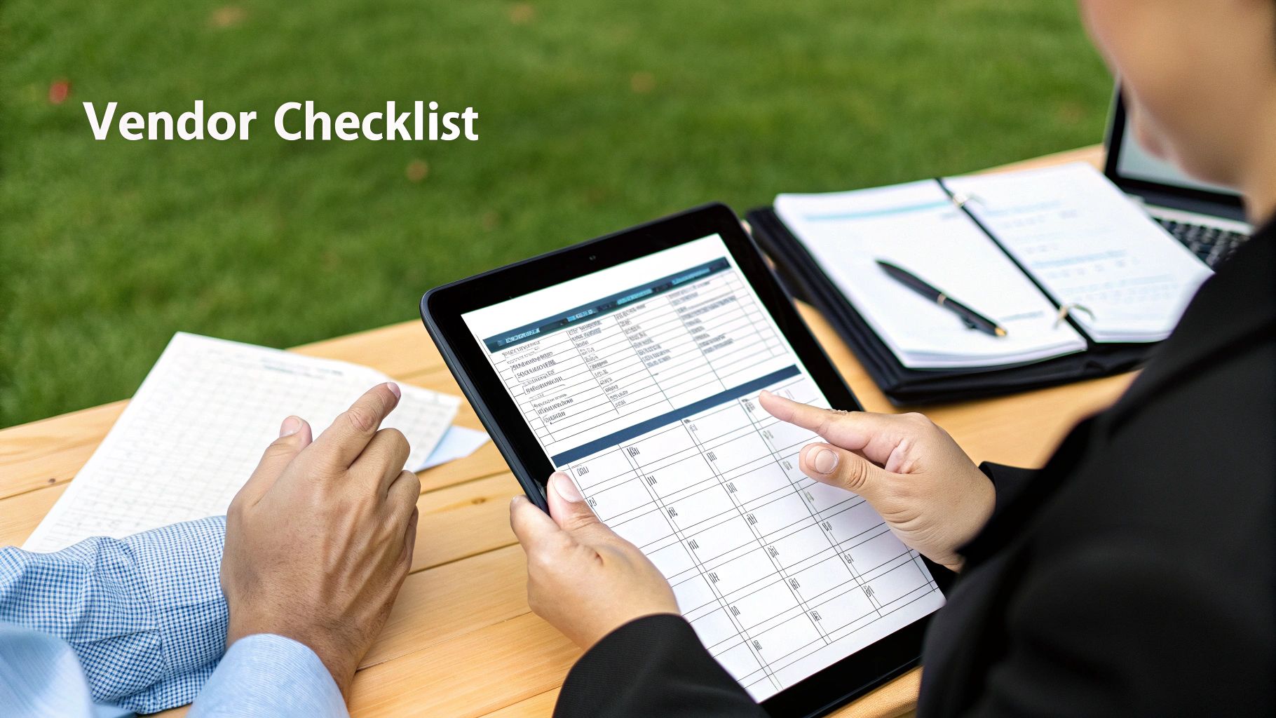 Two people reviewing a digital vendor checklist on a tablet outdoors, with papers and a laptop.