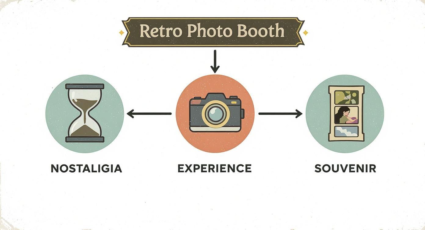 Diagram illustrating the concept of a retro photo booth providing nostalgia, experience, and souvenir.