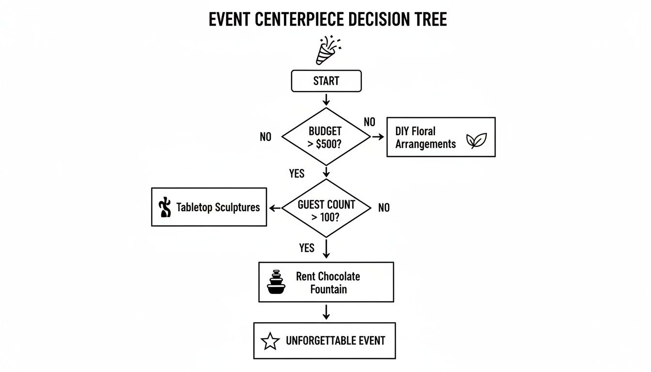 Decision tree flowchart for event centerpieces, guiding choices based on budget and guest count.