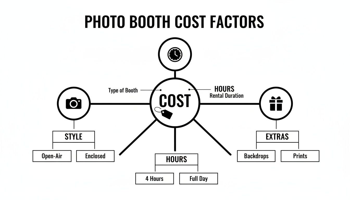 Infographic detailing photo booth cost factors, including style, rental duration, and extras.