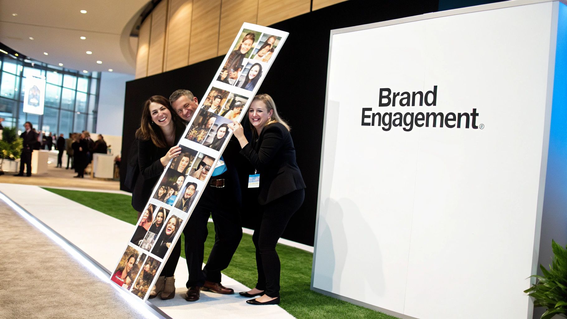 Happy attendees pose with a large photo strip at a brand engagement event.