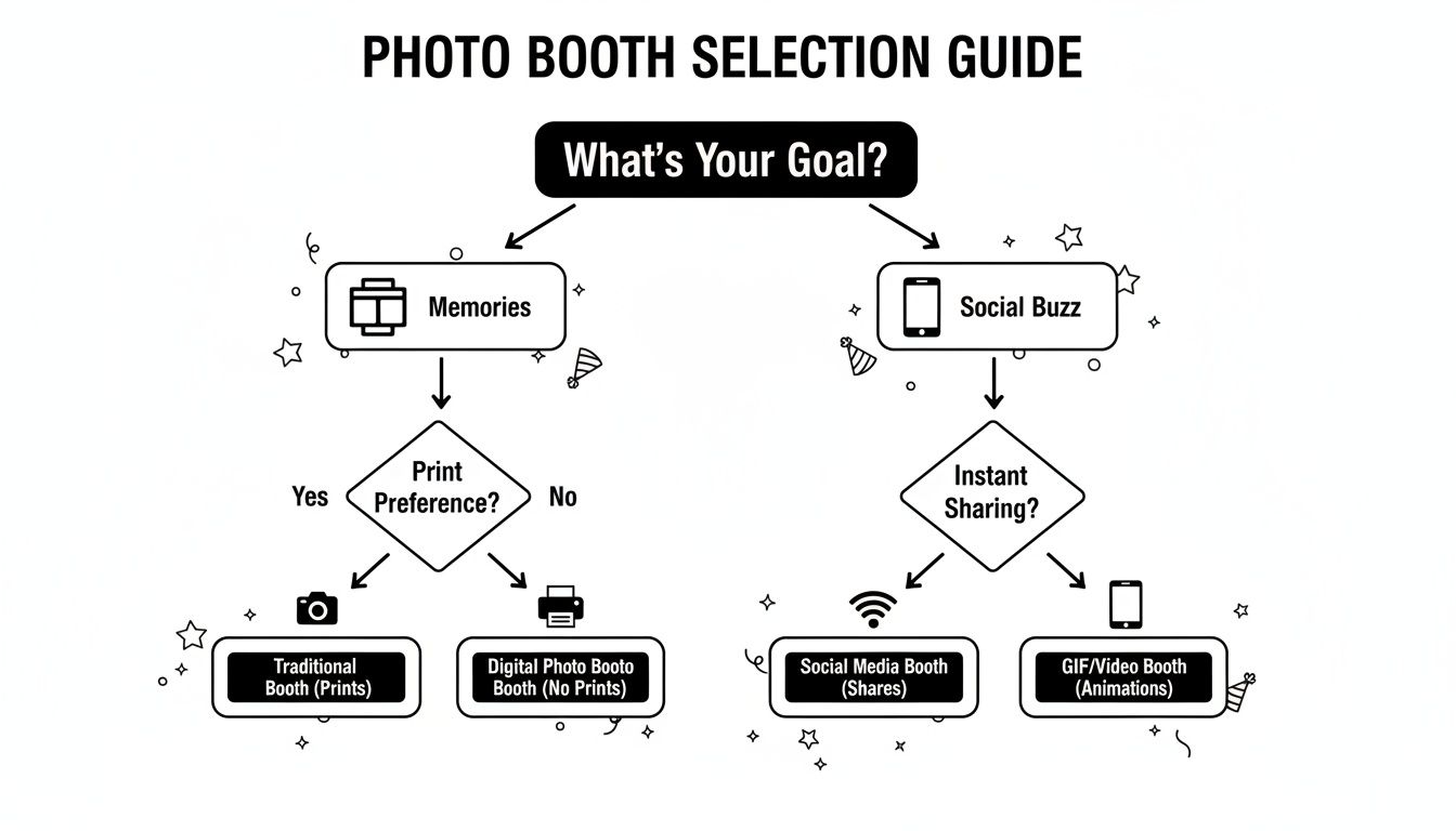 A flowchart guiding photo booth selection based on goals like memories or social media buzz.