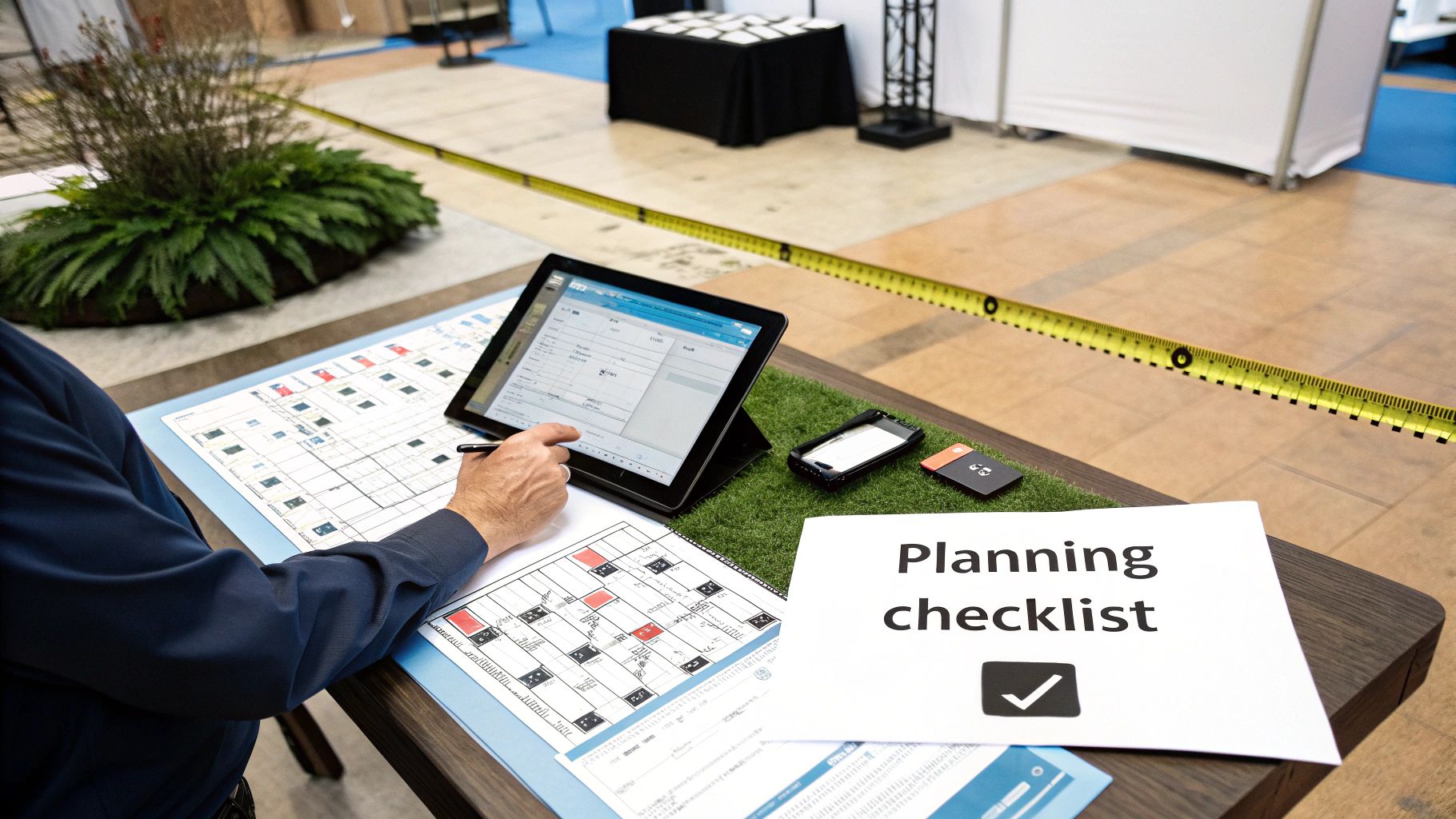 A person uses a stylus on a tablet, surrounded by planning documents and a 'Planning checklist' sign.