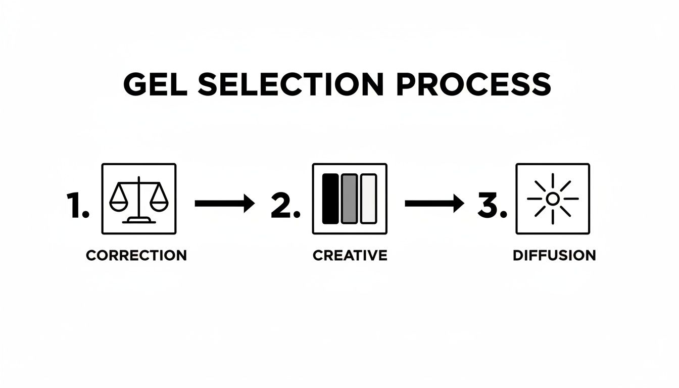 Diagram illustrating the gel selection process for lighting with steps: Correction, Creative, Diffusion.