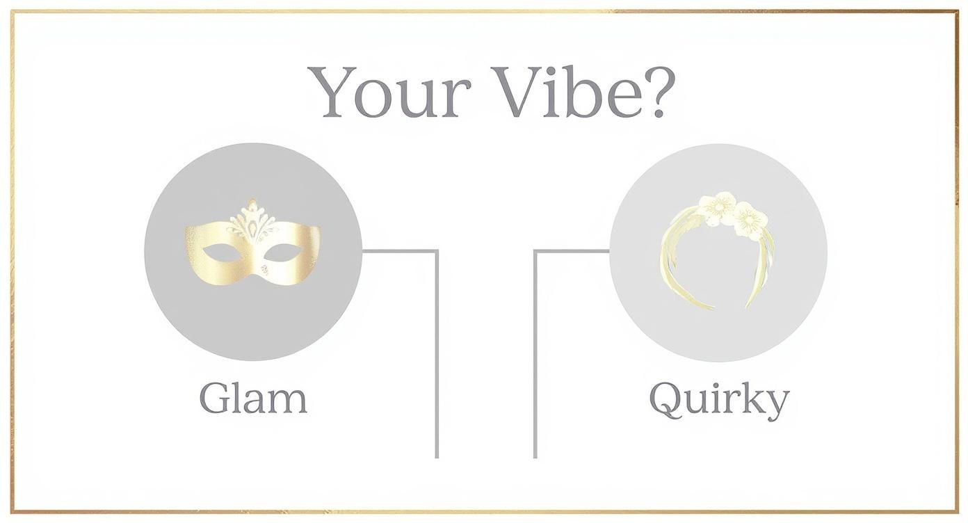 Infographic decision tree to help choose a wedding prop theme based on a glam or quirky vibe.