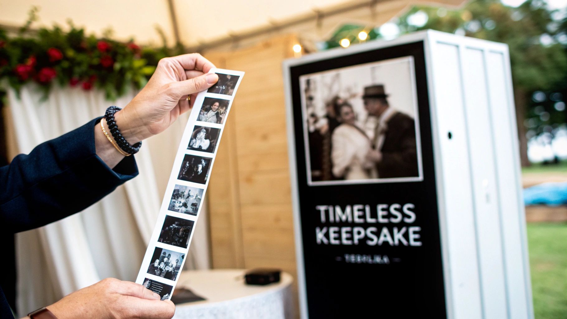 A person holds a vintage-style black and white photo strip from an outdoor photo booth, featuring multiple memorable moments.