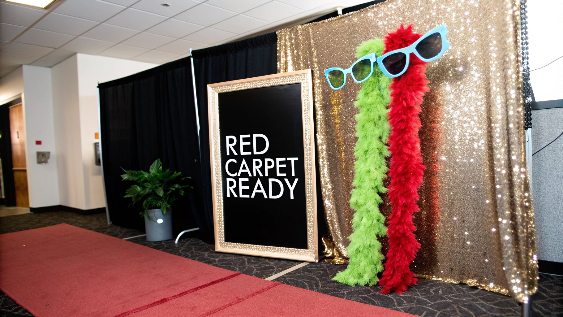 A colourful collection of photo booth props and a vibrant backdrop ready for a party.