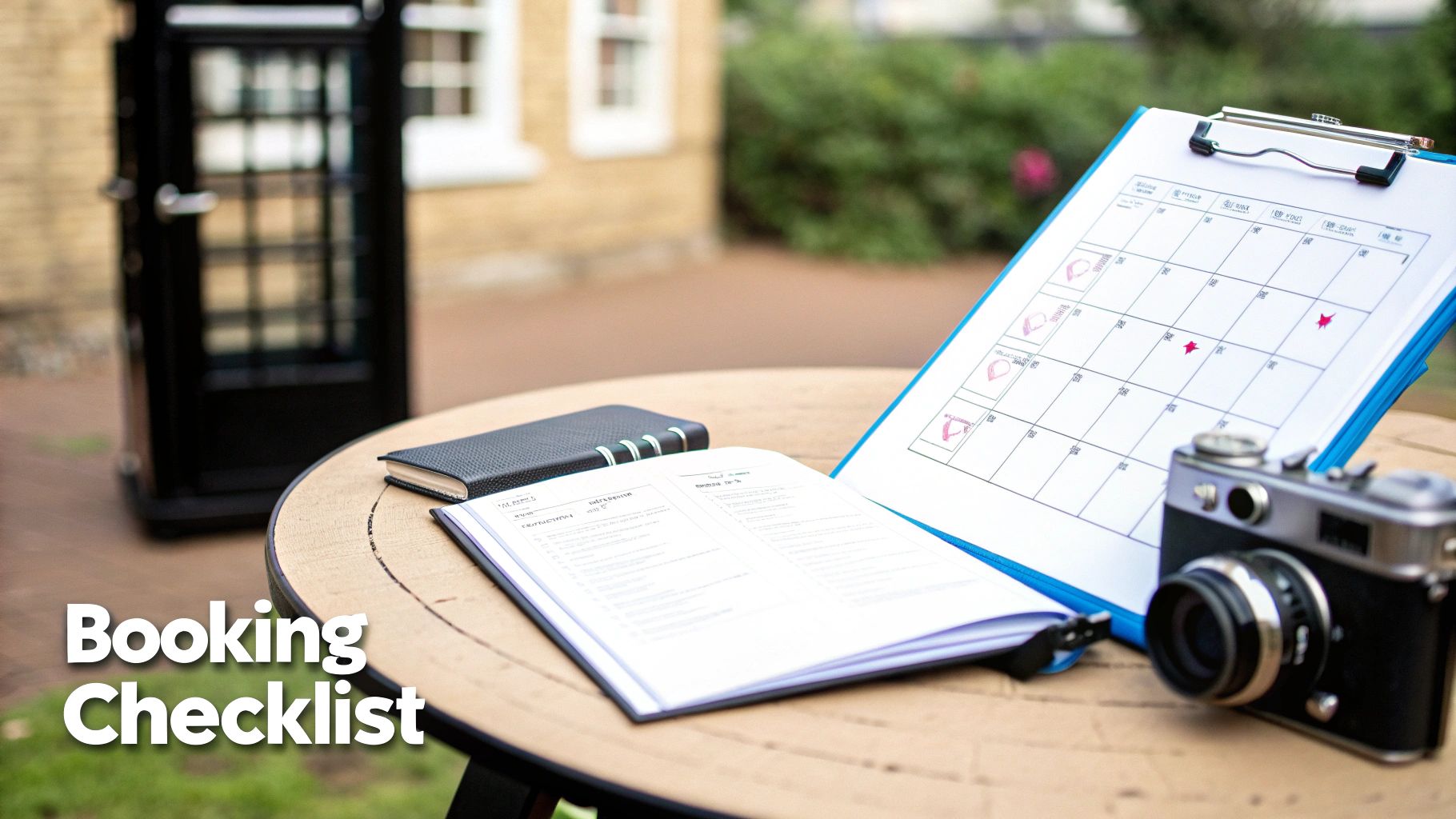 An outdoor table holds a booking checklist, open notebook, and vintage camera, ready for event planning.