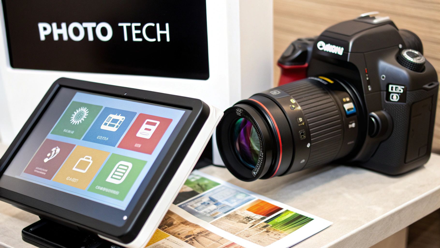 A black DSLR camera and a touchscreen tablet with icons at a 'PHOTO TECH' station.