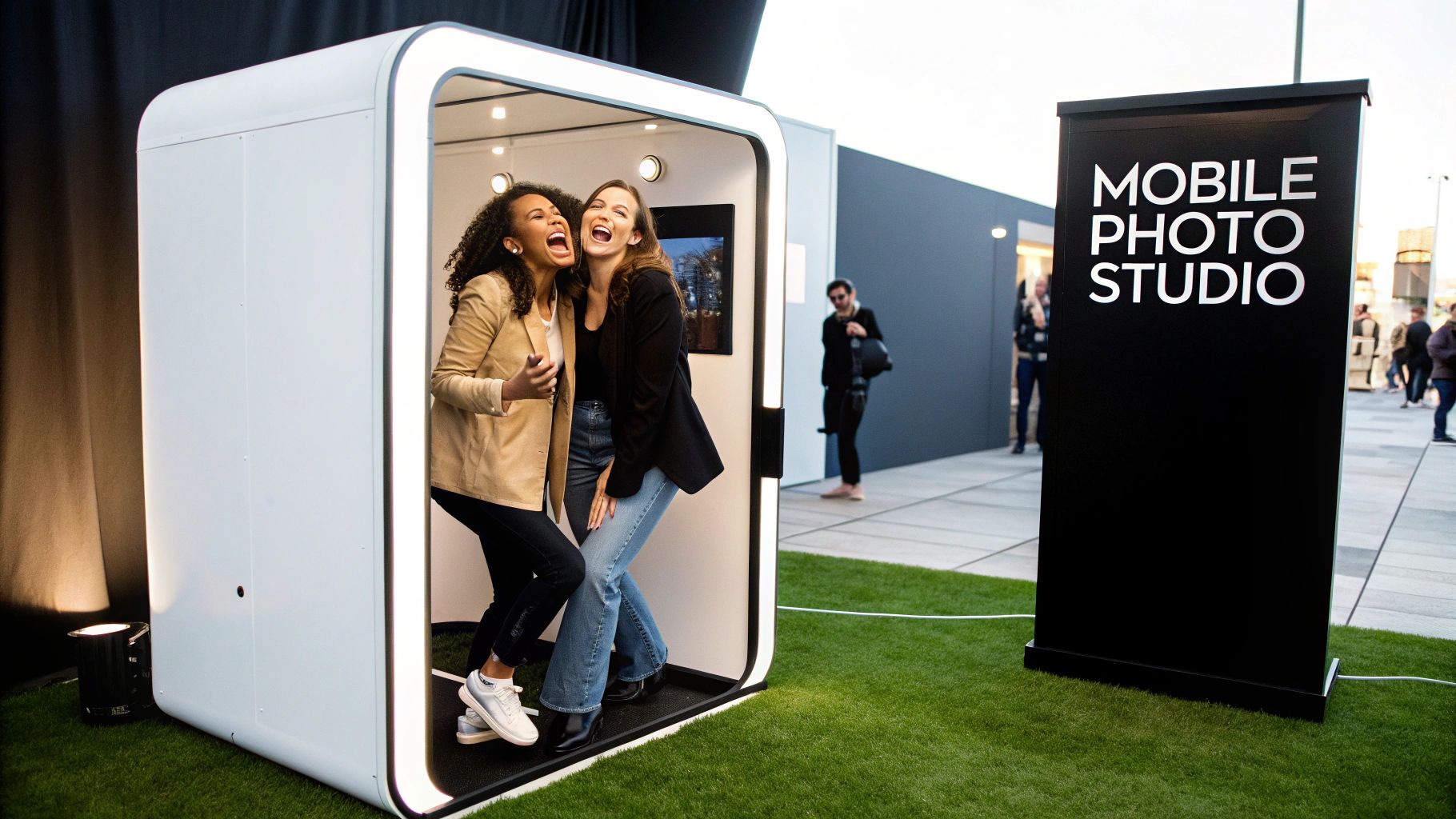 Two happy women laughing inside a modern white mobile photo studio booth on artificial grass.