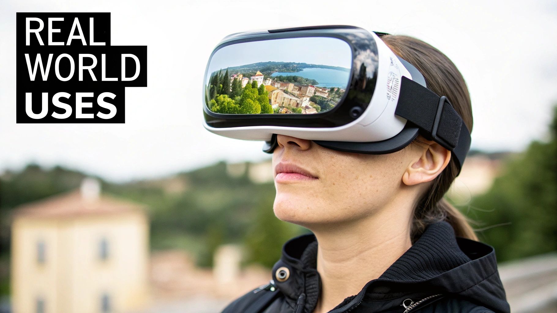 Person wearing VR headset outdoors viewing scenic coastal town with buildings and water