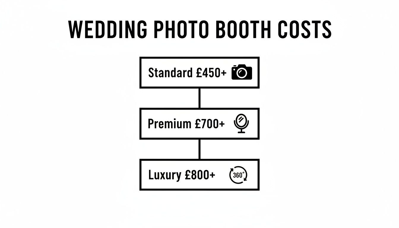 A diagram displaying wedding photo booth costs: Standard £450+, Premium £700+, and Luxury £800+.
