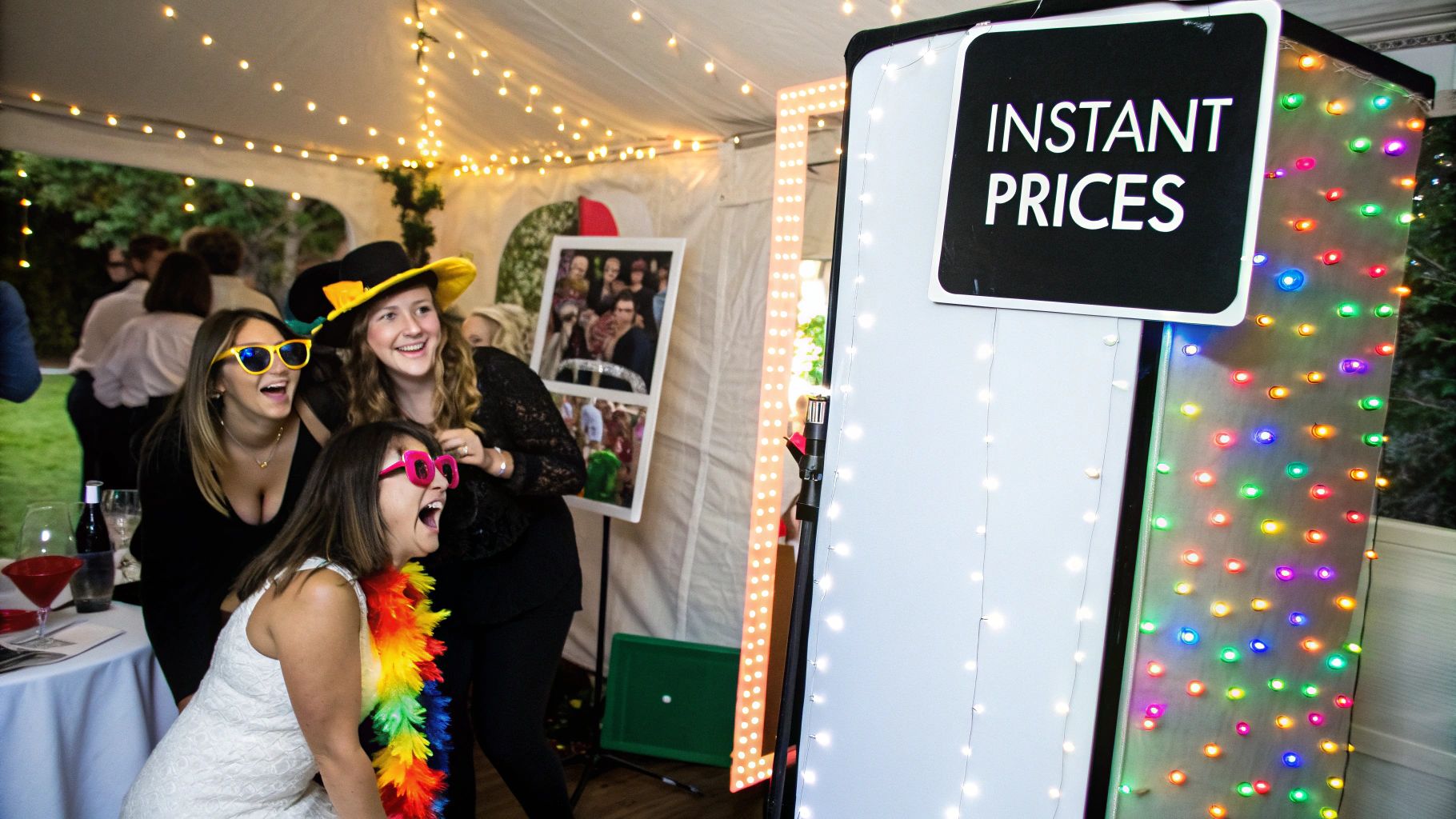 A glamorous couple posing inside a modern photo booth at an event