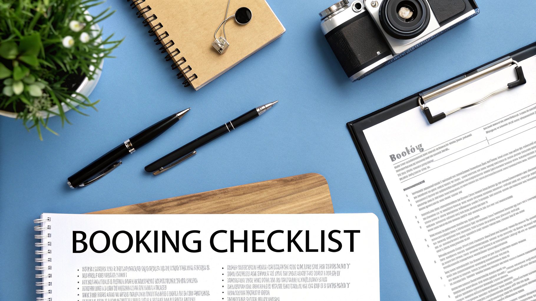 A flat lay of a blue desk with a camera, pens, notebook, plant, and booking documents.