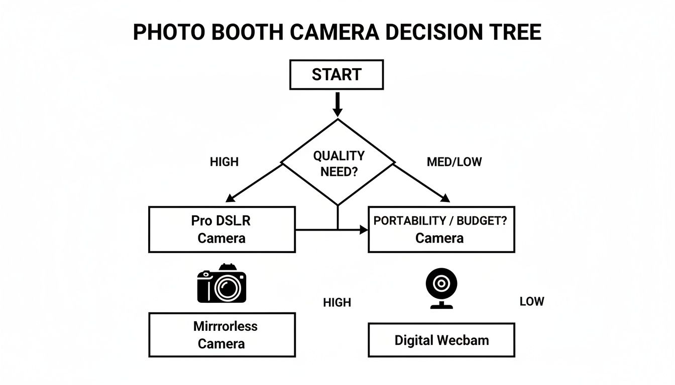 Decision tree illustrating photo booth camera choices based on quality, portability, and budget needs.