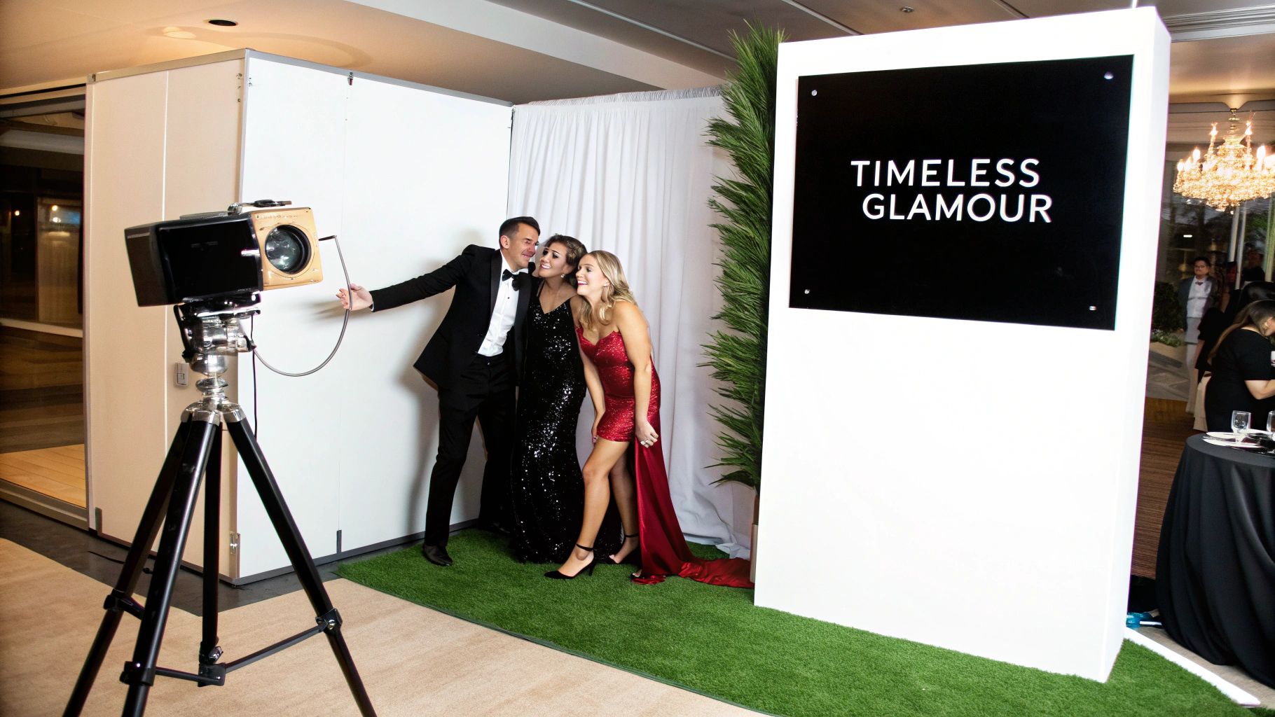 Three elegantly dressed friends pose excitedly at a 'Timeless Glamour' event photo booth.