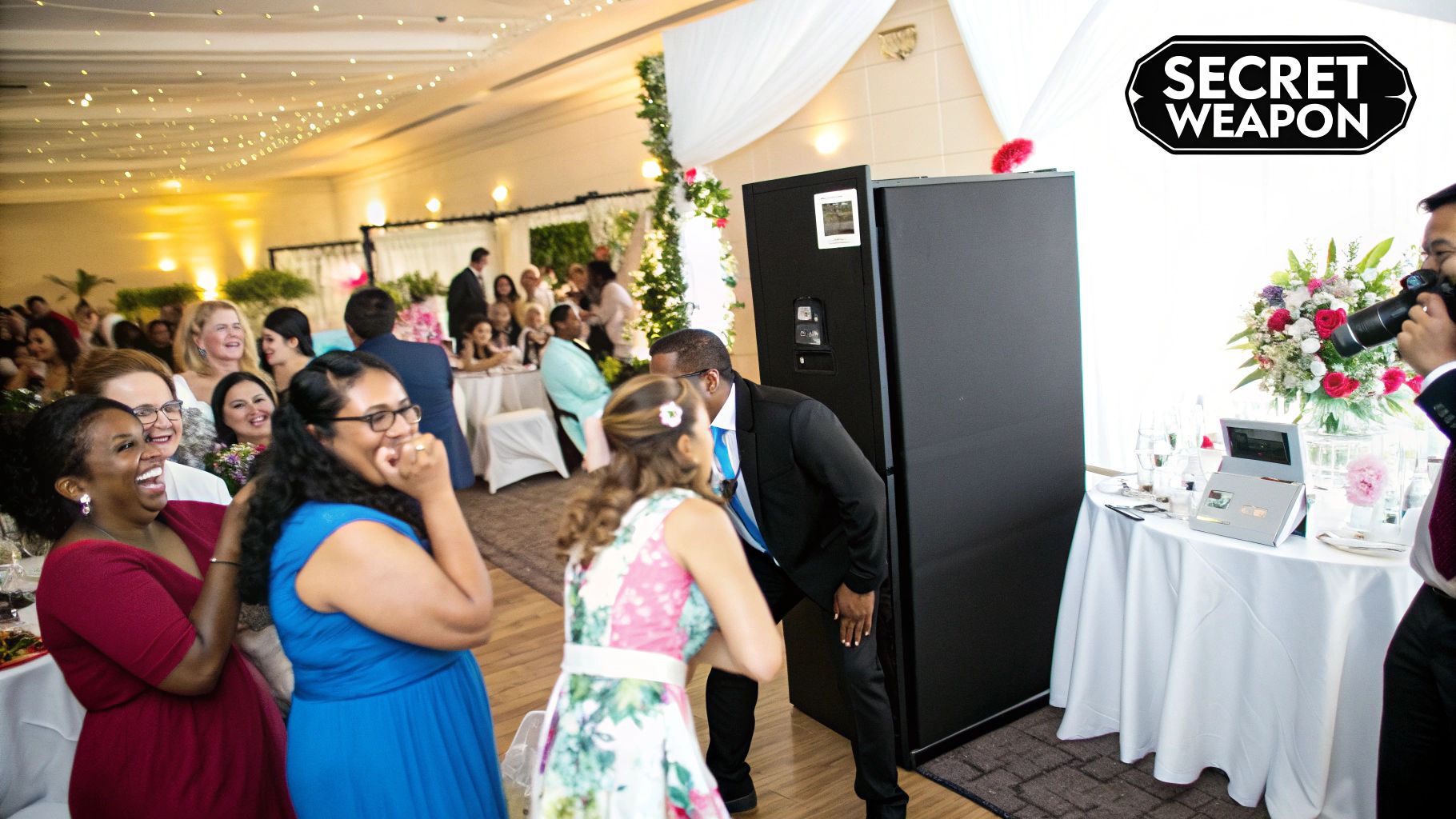 Guests having fun in a wedding photo booth