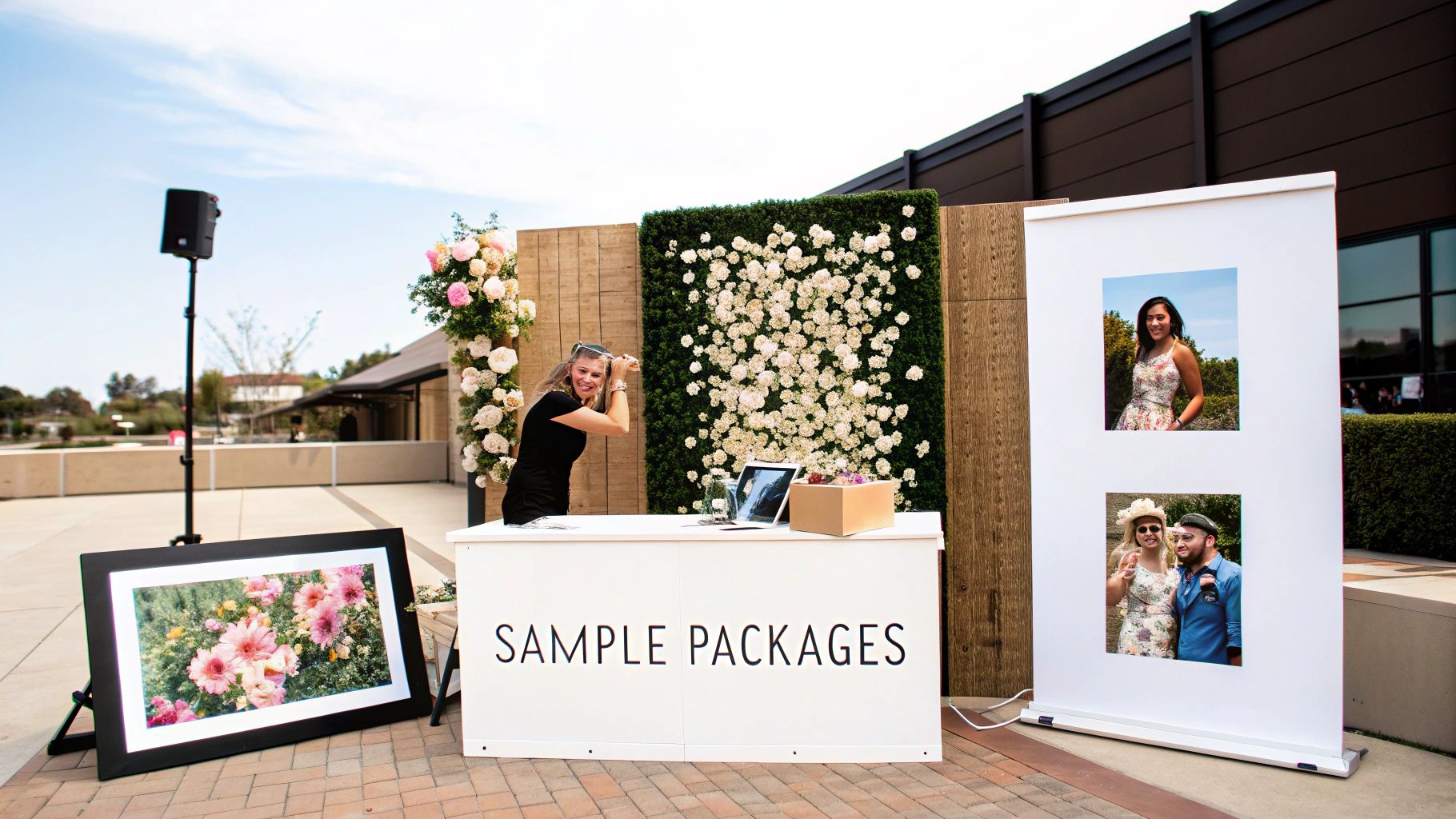 A smiling woman stands behind a white counter labeled 'SAMPLE PACKAGES' at an outdoor photo booth event.