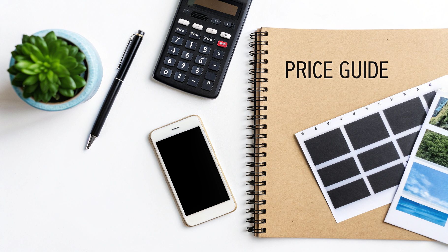 A desk flat lay with a notebook titled 'PRICE GUIDE', calculator, phone, plant, pen, and photo prints.
