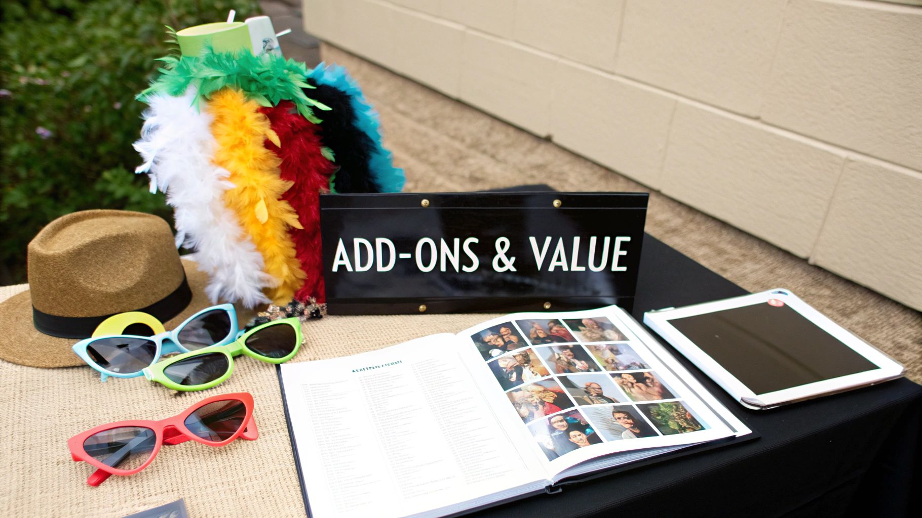 A photo booth display with colorful props, a photo album, and a tablet, featuring an 'ADD-ONS & VALUE' sign.