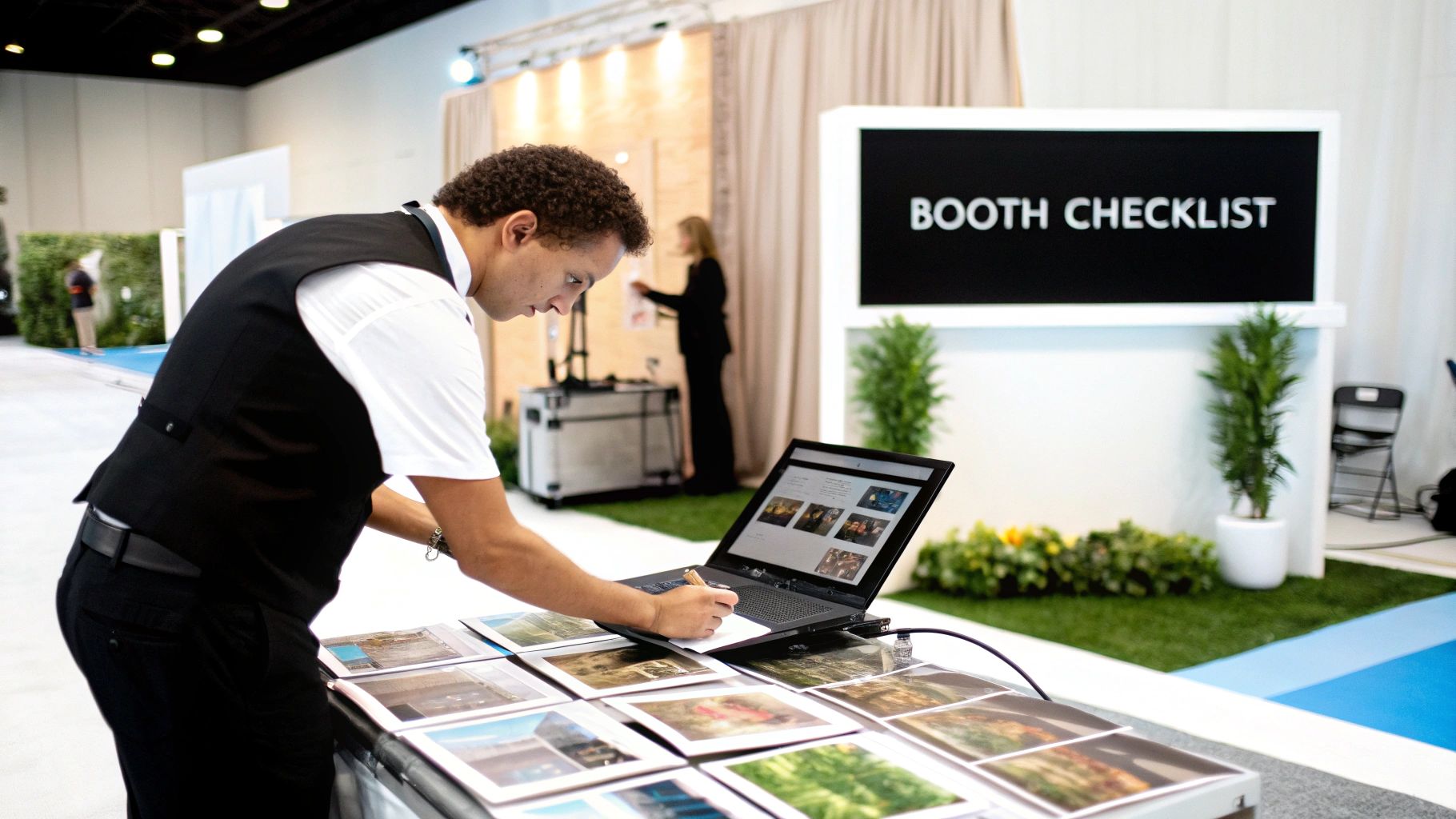 A man in a black vest works on a laptop surrounded by photos at an event booth.