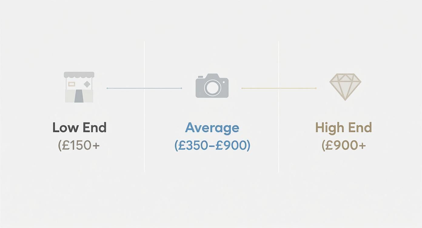 Three tier pricing structure showing low end, average, and high end photo booth rental costs