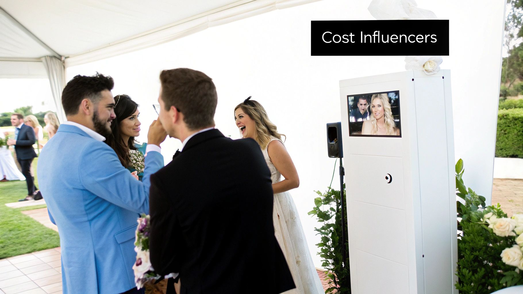 Guests enjoying a wedding photo booth with fun props