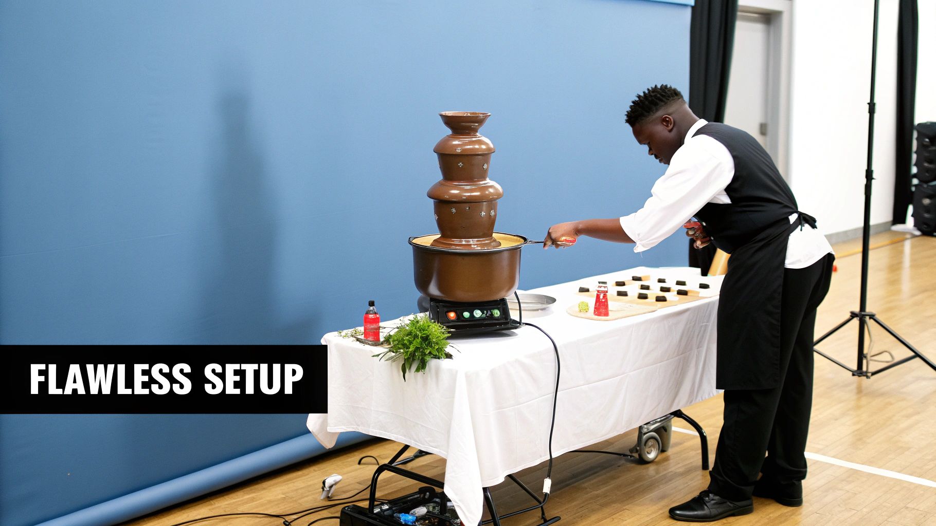 A professional caterer carefully prepares a multi-tiered chocolate fountain with various dipping treats.