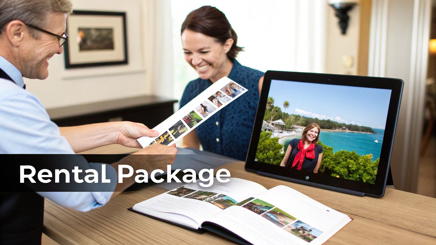Smiling man shows a woman a strip of photos and rental package options on a tablet and brochure.