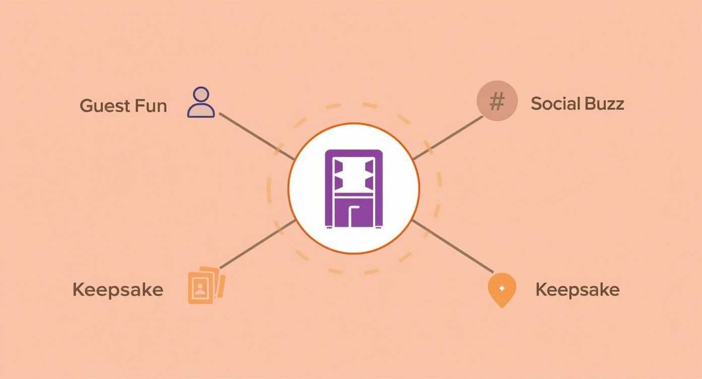 Diagram showing portable photo booth features including guest fun, social buzz, and keepsake options connected to central booth icon