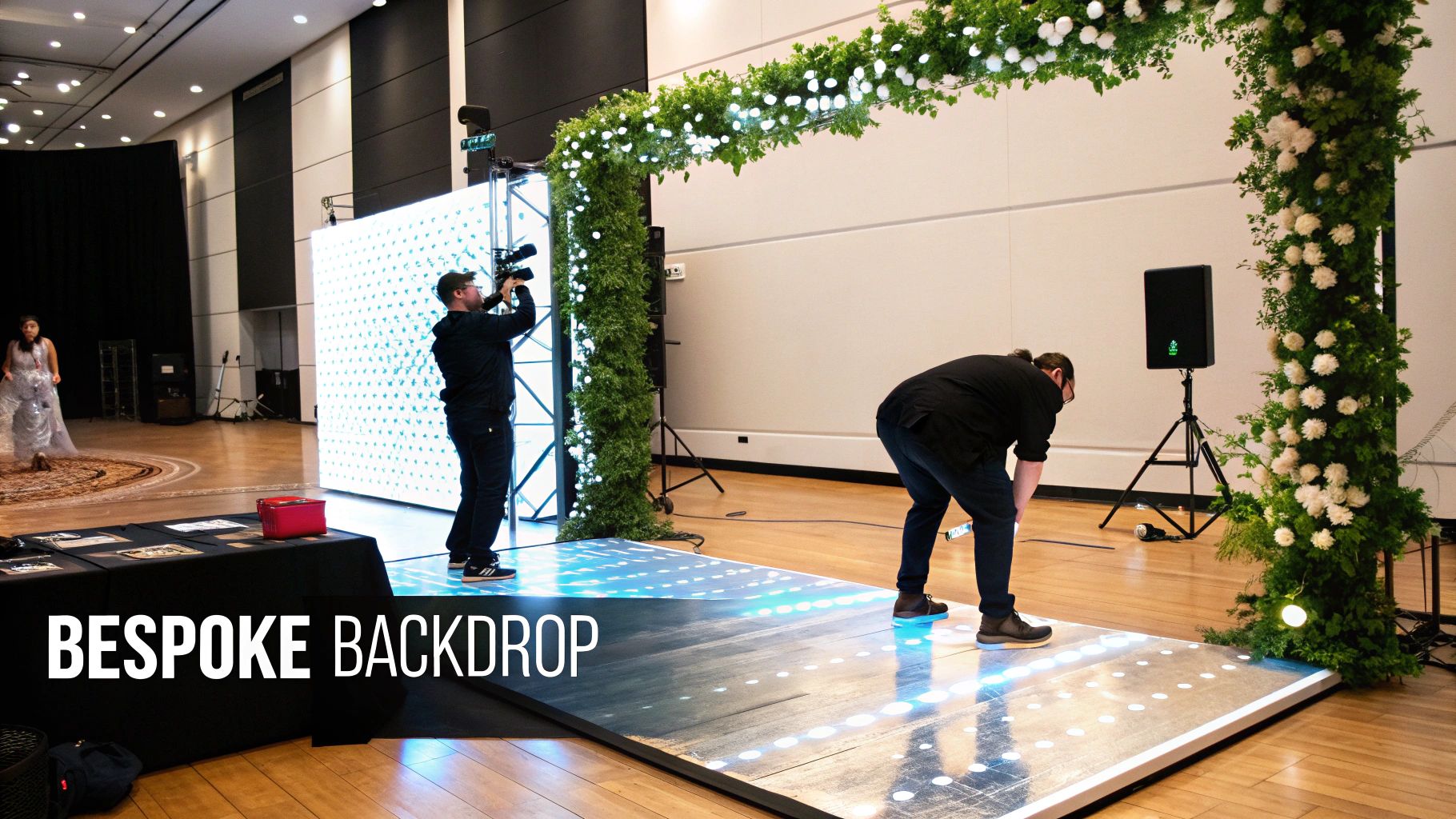 Two event staff setting up a bespoke photo booth backdrop with an illuminated LED wall and floral arch.