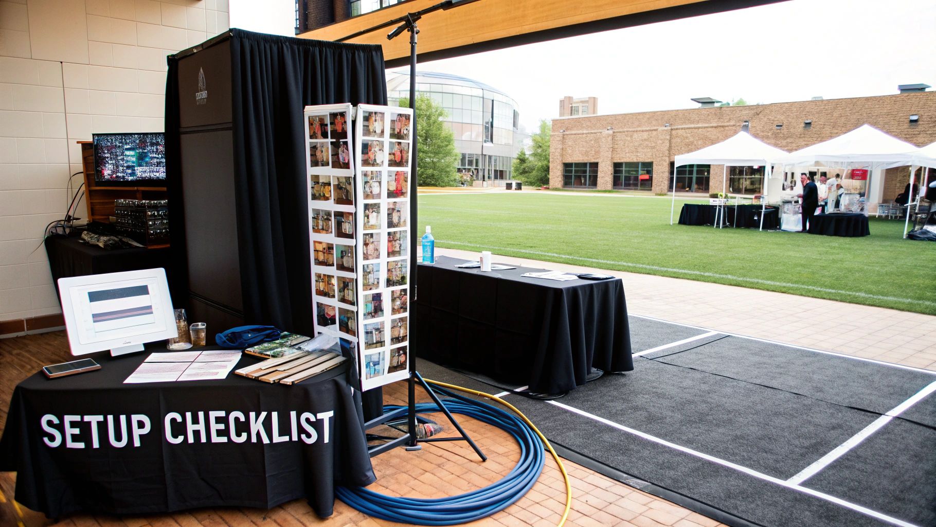 Outdoor event with a photo booth setup, including a checklist table and display stand, overlooking a grassy field with white tents.