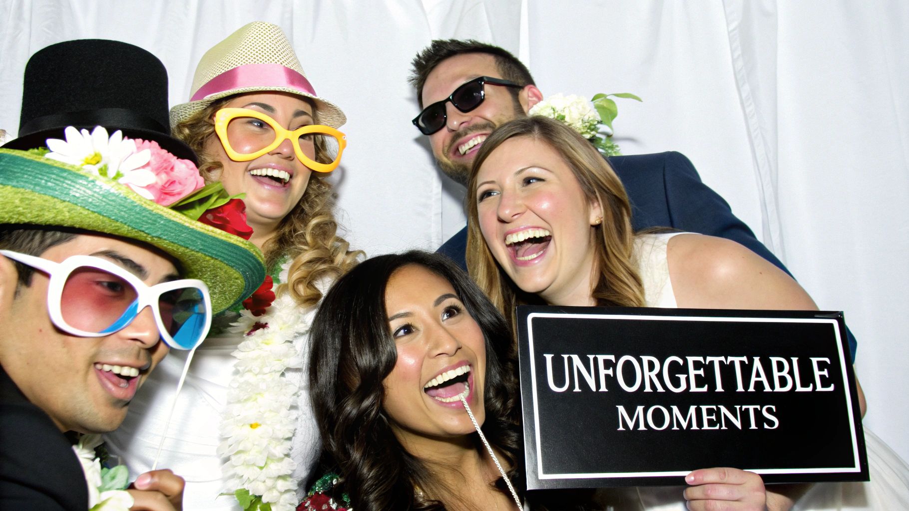 Joyful diverse group in a photo booth, wearing fun props and holding an 'Unforgettable Moments' sign.