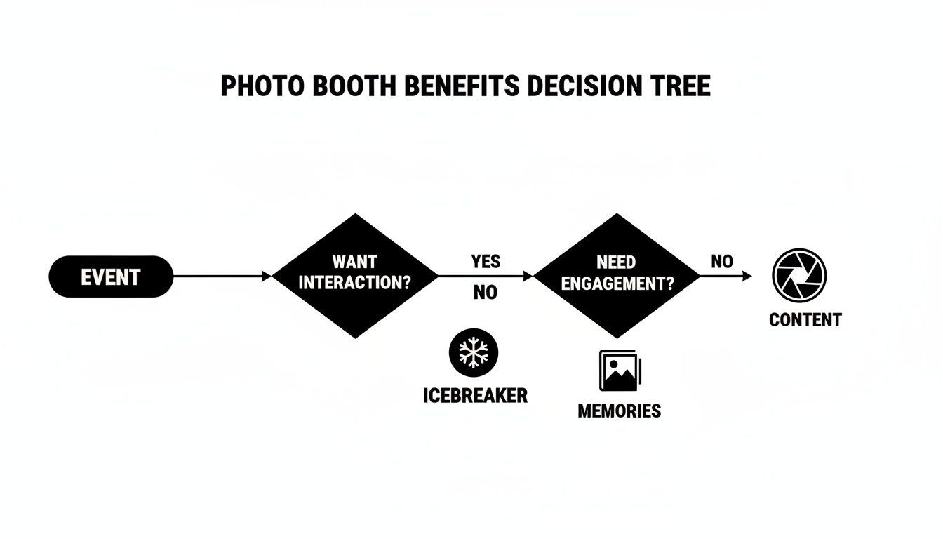 Decision tree illustrating photo booth benefits for events, categorizing them into icebreaker, memories, and content based on interaction and engagement needs.