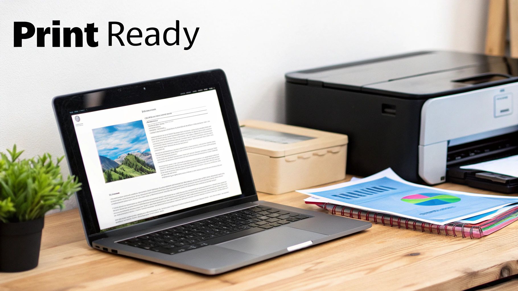 A laptop displaying a document next to a printer and charts on a wooden desk, labeled 'Print Ready'.