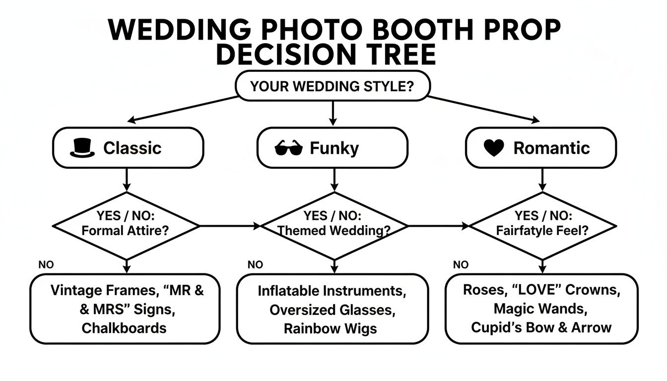Decision tree flowchart for wedding photo booth props based on classic, funky, or romantic wedding styles.