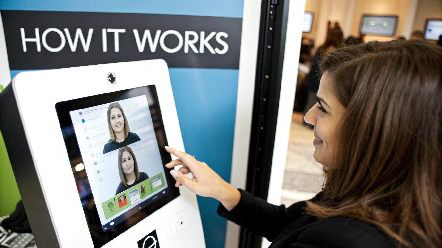 Guests laughing as they interact with the vibrant touchscreen of a mirror photo booth, adding digital props to their photo.