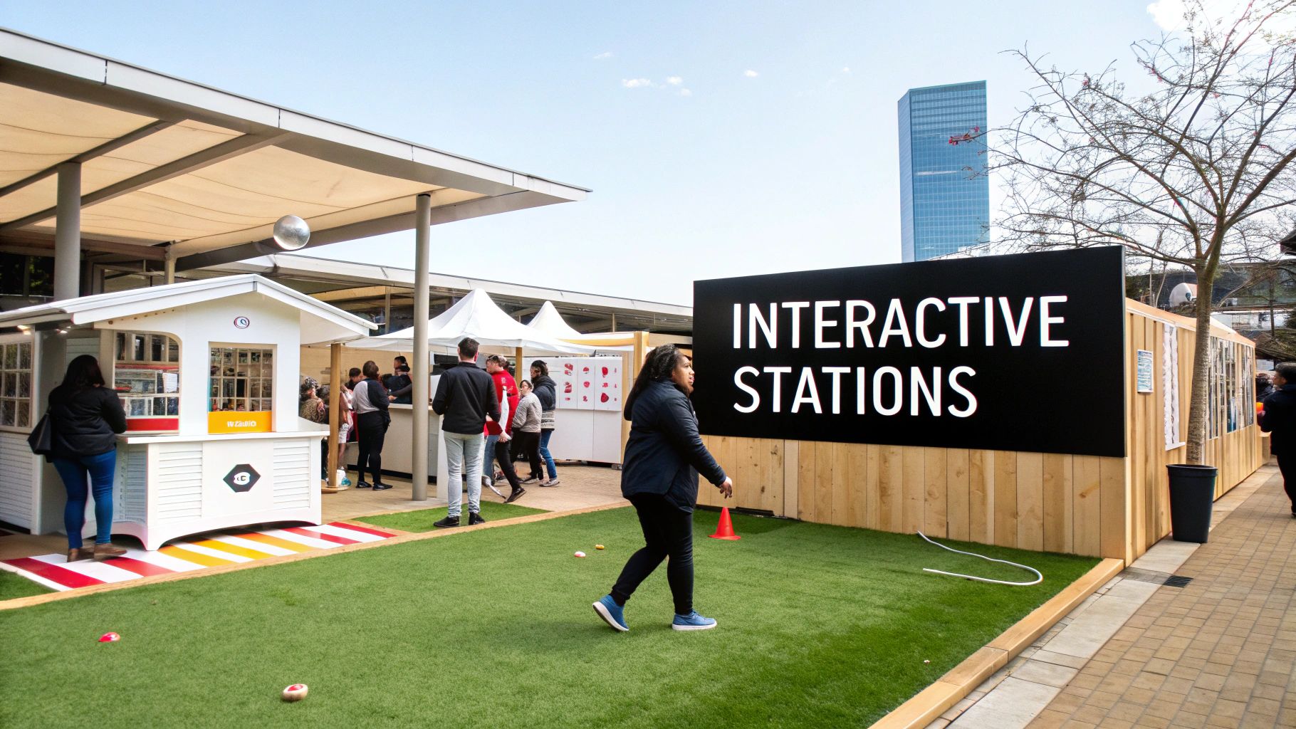 People gather at an outdoor event featuring white booths, artificial grass, and an interactive stations sign.