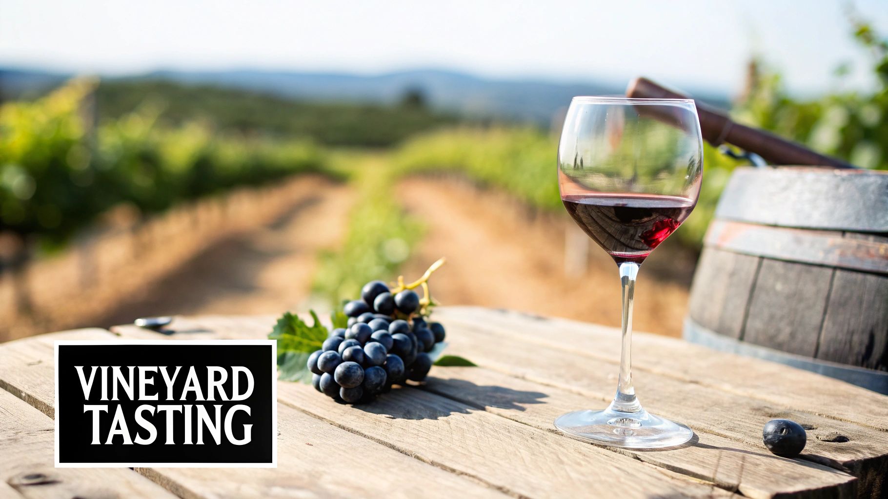 An elegant outdoor wine tasting party setup with various bottles of wine, glasses, and a charcuterie board on a wooden table.
