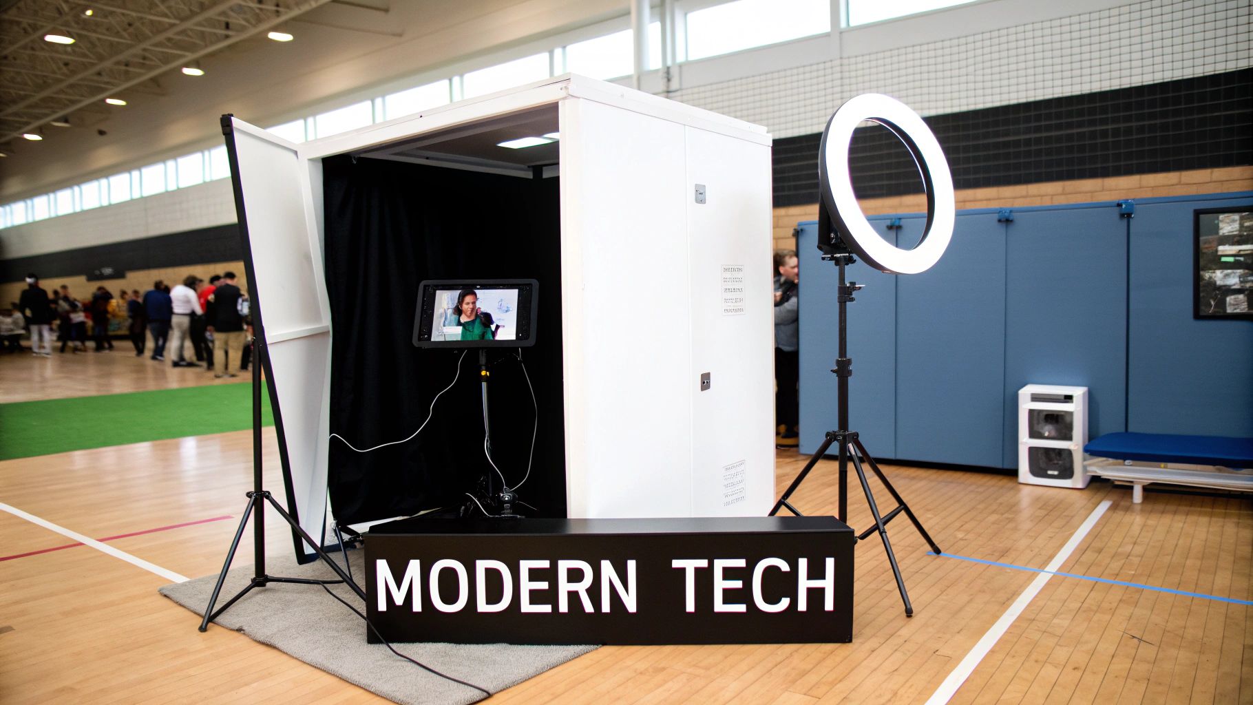 A modern white photo booth setup with a tablet, ring light, and 'MODERN TECH' sign at an event.