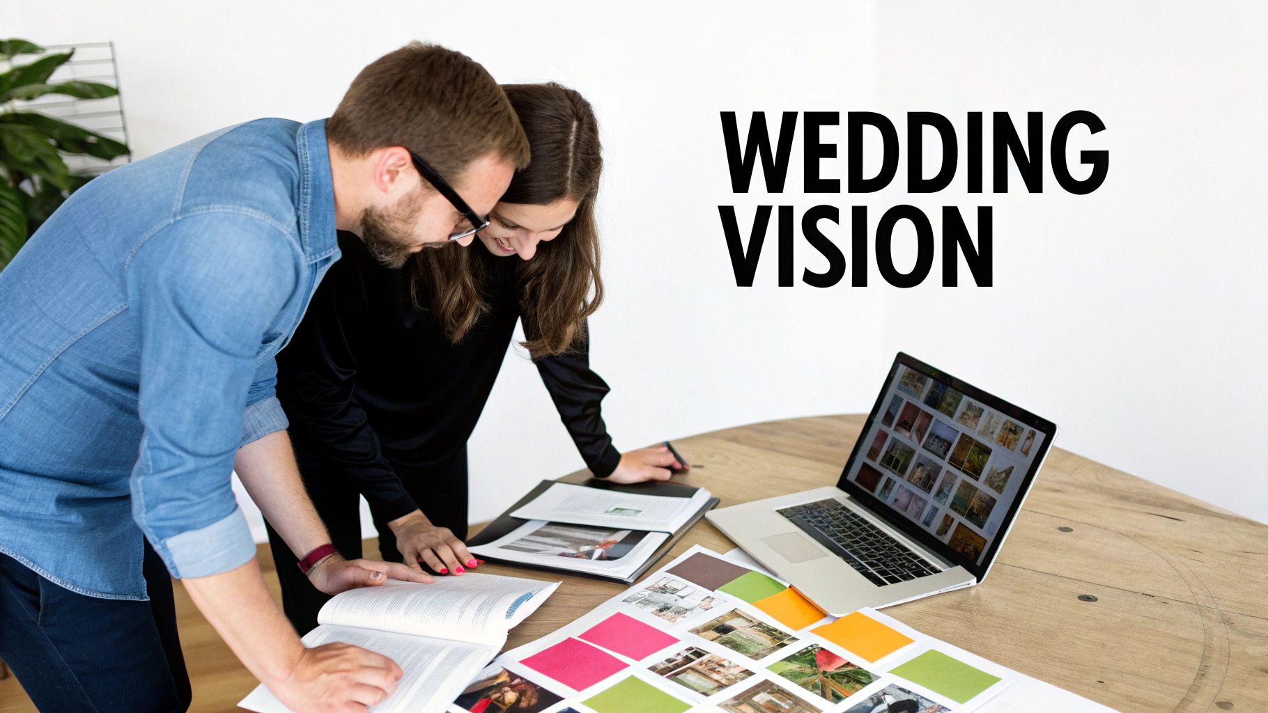 Two people holding hands at their wedding ceremony, with guests in the background.