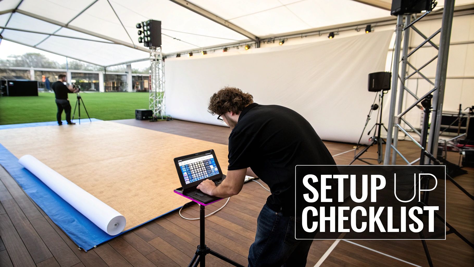 Event planner reviewing a checklist for a 360 photo booth setup