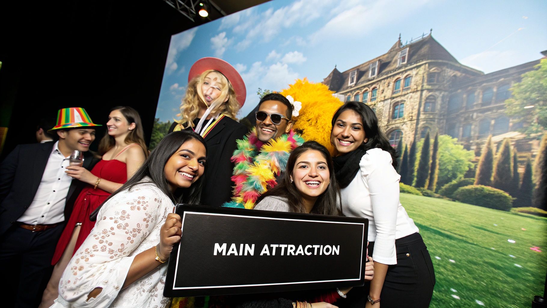 A group of friends laughing and posing in front of a vibrant, colourful photo booth backdrop at a party.