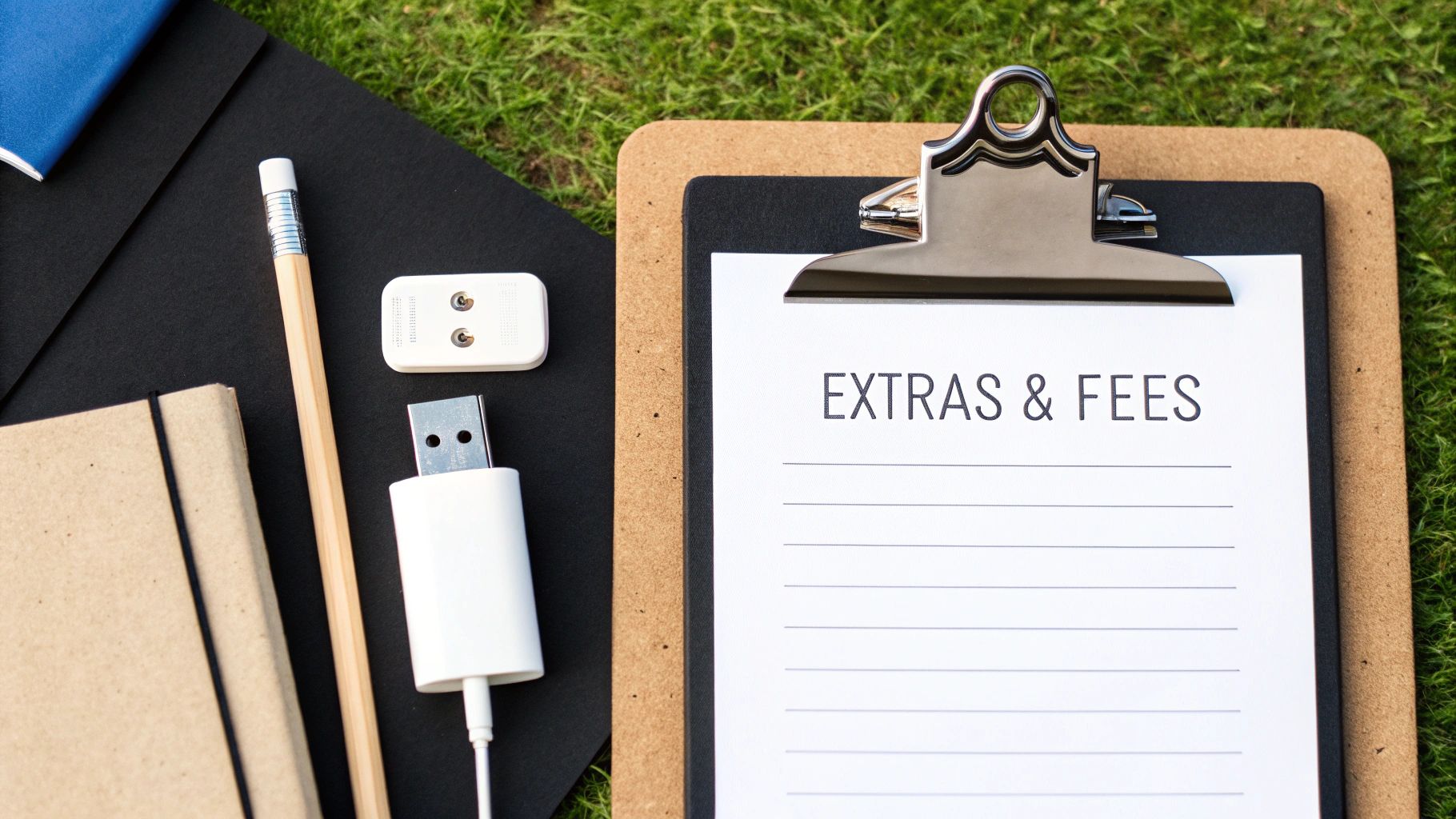 A top-down view of office supplies, including a clipboard with 'EXTRAS & FEES', notebooks, and charging accessories.