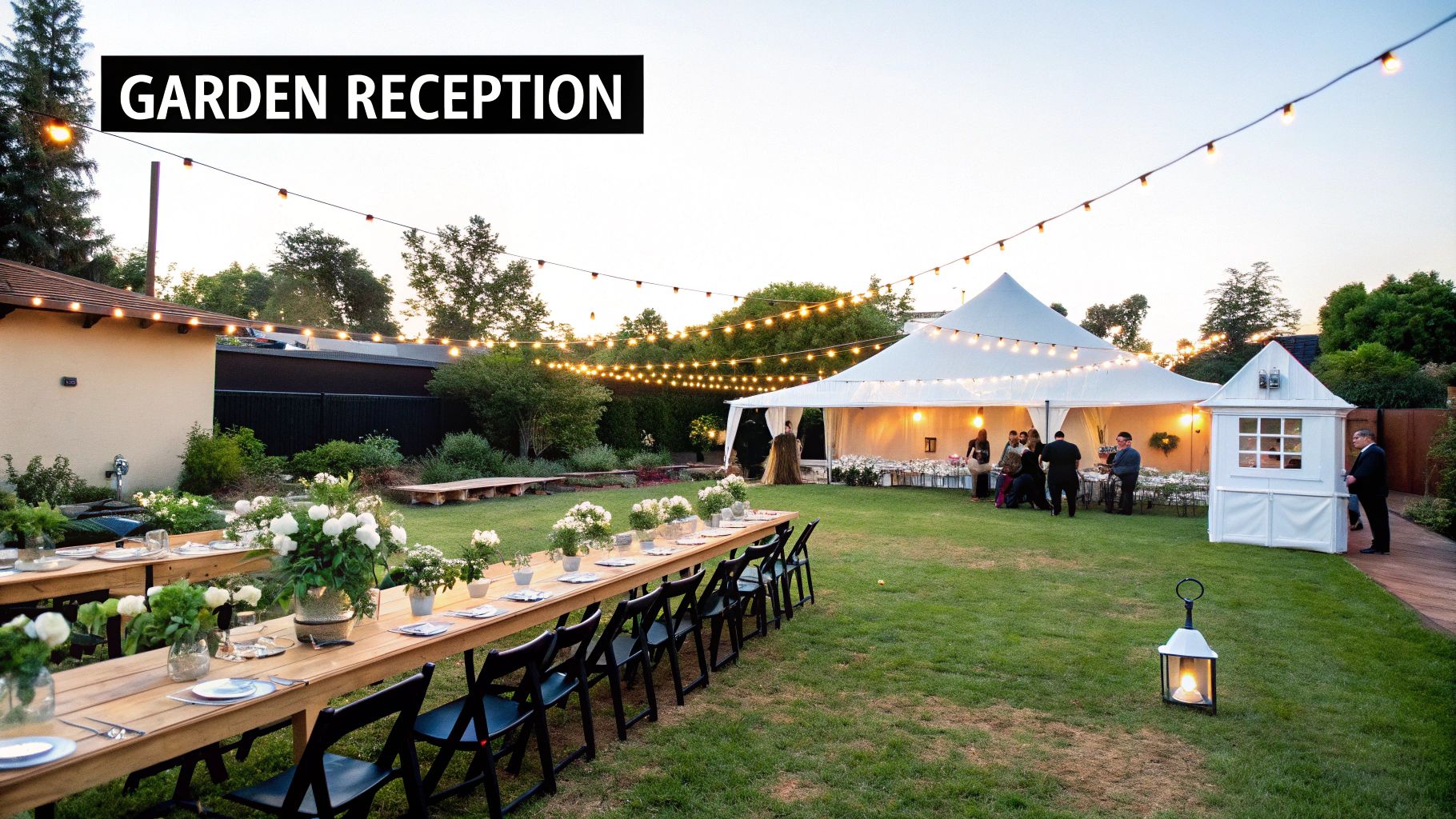 An elegant outdoor garden wedding reception at dusk with string lights, a tent, and long dining tables.