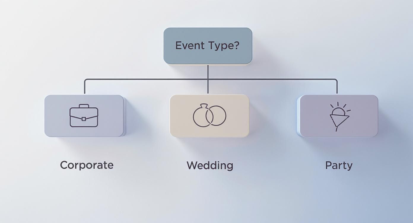 Event type selection diagram showing three options: corporate briefcase, wedding rings, and party balloon icons